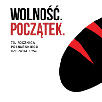 Na czerwonym tle biały prostokąt. W nim dwie czarne ręce tworzą cyfrę osiem. Jedna dłoń trzyma w ręku czerwoną głowę. Po lewej odwrócony w pionie napis "Teatr Ósmego Dnia".