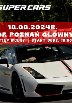 Zdjęcie białego wyścigowego samochodu na torze, napisy informujące o wydarzeniu.