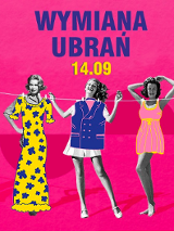Napis wymiana ubrań, rysunek kilku kobiet na różowym tle.