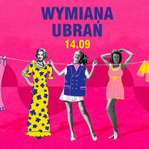 Napis wymiana ubrań, rysunek kilku kobiet na różowym tle.