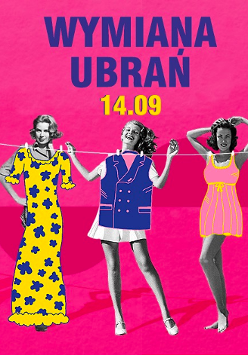 Napis wymiana ubrań, rysunek kilku kobiet na różowym tle.