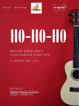 Czerwony plakat z dużym, białym napisem "HO HO HO". Po prawej częściowe zdjęcie ukulele.