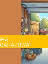 Połowa obrazu to miejsce na tekst, a druga połowa przedstawia garaż. W tym garażu drzwi są otwarte, a światło z ulicy oświetla wiele rzeczy na sprzedaż.