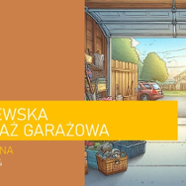 Połowa obrazu to miejsce na tekst, a druga połowa przedstawia garaż. W tym garażu drzwi są otwarte, a światło z ulicy oświetla wiele rzeczy na sprzedaż.
