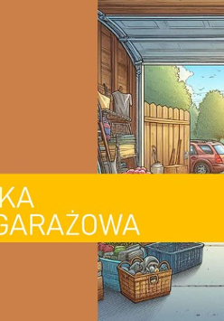 Połowa obrazu to miejsce na tekst, a druga połowa przedstawia garaż. W tym garażu drzwi są otwarte, a światło z ulicy oświetla wiele rzeczy na sprzedaż.