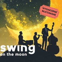 Plakat, który reklamuje Swing on the Moon. Na fioletowym tle ogromny żółty książyc, a na jego tle cienie muzyków.