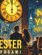 Plakat, tło przedstawia nocny widok na panoramę Nowego Jorku, z charakterystycznymi wieżowcami. W centralnej części znajduje się duży, złoty zegar, który wskazuje za kilka minut północ. Na pierwszym planie widoczna jest para tańcząca, otoczona przez ludzi siedzących przy stolikach i świętujących. Plakat ozdobiony jest złotymi wstążkami i gwiazdkami, co podkreśla atmosferę świątecznej zabawy. Na górze widnieje napis "New York, New York!", a poniżej "Sylwester pod papugami".