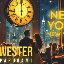 Plakat, tło przedstawia nocny widok na panoramę Nowego Jorku, z charakterystycznymi wieżowcami. W centralnej części znajduje się duży, złoty zegar, który wskazuje za kilka minut północ. Na pierwszym planie widoczna jest para tańcząca, otoczona przez ludzi siedzących przy stolikach i świętujących. Plakat ozdobiony jest złotymi wstążkami i gwiazdkami, co podkreśla atmosferę świątecznej zabawy. Na górze widnieje napis "New York, New York!", a poniżej "Sylwester pod papugami".