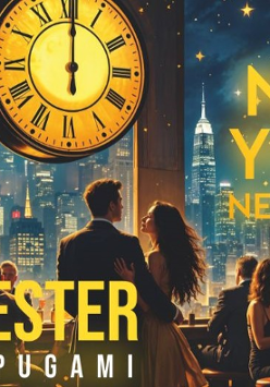 Plakat, tło przedstawia nocny widok na panoramę Nowego Jorku, z charakterystycznymi wieżowcami. W centralnej części znajduje się duży, złoty zegar, który wskazuje za kilka minut północ. Na pierwszym planie widoczna jest para tańcząca, otoczona przez ludzi siedzących przy stolikach i świętujących. Plakat ozdobiony jest złotymi wstążkami i gwiazdkami, co podkreśla atmosferę świątecznej zabawy. Na górze widnieje napis "New York, New York!", a poniżej "Sylwester pod papugami".