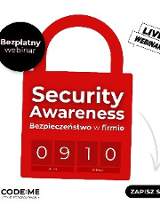 Na banerze znajduje się kłódka symbolizująca bezpieczeństwo. Na wierzchniej stronie banera znajdują się naklejki z nazwą wydarzenia i zaproszeniem do zapisania się na webinarium.