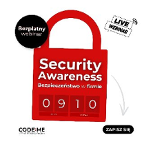 Na banerze znajduje się kłódka symbolizująca bezpieczeństwo. Na wierzchniej stronie banera znajdują się naklejki z nazwą wydarzenia i zaproszeniem do zapisania się na webinarium.