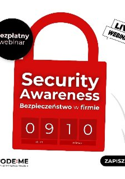 Na banerze znajduje się kłódka symbolizująca bezpieczeństwo. Na wierzchniej stronie banera znajdują się naklejki z nazwą wydarzenia i zaproszeniem do zapisania się na webinarium.