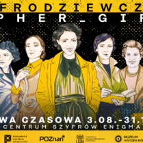 Plakat, żółta ramka, czarne tło, a na nim rysunek siedmiu kobiet.