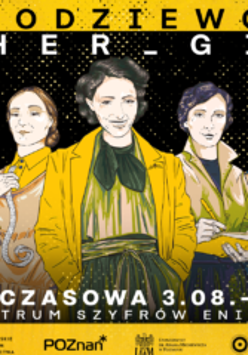 Plakat, żółta ramka, czarne tło, a na nim rysunek siedmiu kobiet.