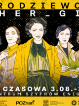 Plakat, żółta ramka, czarne tło, a na nim rysunek siedmiu kobiet.