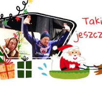 Świąteczna, kolażowa grafika z choinką, prezentami, Mikołajem w saniach i reniferem. Pośrodku zdjęcie osób w samochodzie w świątecznych czapkach. Widoczny napis: "Takich świąt jeszcze nie było' oraz logo Teatru Fuzja.