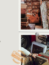 Na plakacie znajdują się cztery obrazki. Ktoś czyta książkę i możemy zobaczyć tekst. Ktoś wybiera płyty winylowe. Na trzecim zdjęciu kobieta stoi wśród książek z drabiną w tle.