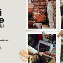 Na plakacie znajdują się cztery obrazki. Ktoś czyta książkę i możemy zobaczyć tekst. Ktoś wybiera płyty winylowe. Na trzecim zdjęciu kobieta stoi wśród książek z drabiną w tle.