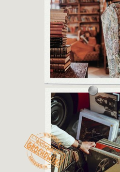 Na plakacie znajdują się cztery obrazki. Ktoś czyta książkę i możemy zobaczyć tekst. Ktoś wybiera płyty winylowe. Na trzecim zdjęciu kobieta stoi wśród książek z drabiną w tle.