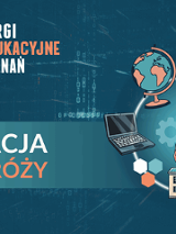 Plakat Targów Edukacyjnych, grafika - dwoje uczniów w słuchawkach na uszach otoczona szkolnymi akcesoriami: laptopem, globusem, walizką, menzurką, budynkiem szkoły, itp. Napis na plakacie: Edukacja w podróży, Targi Edukacyjne Poznań.