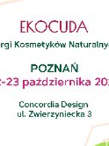 Obrazek ma za zadanie promować Targi kosmetyków ekologicznych Ekocuda. Znajduje się na nim napis o takiej treści oraz kilka informacji dotyczących lokalizacji i czasu trwania wydarzenia.