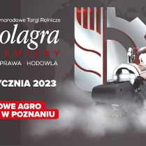 Obrazek to plakat promujący Targi Polagra Premiery 2023. Oprócz informacji o wydarzeniu, znajduje się na nim także czerwony traktor.