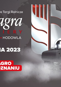 Obrazek to plakat promujący Targi Polagra Premiery 2023. Oprócz informacji o wydarzeniu, znajduje się na nim także czerwony traktor.