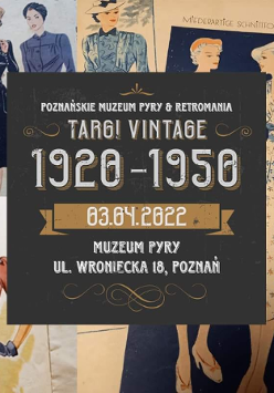 Informacje dotyczące wydarzenia na tle grafik prezentujących ubiór z lat 1920-1950.