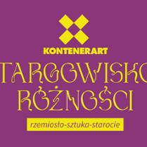 Fioletowe tło z żółtym napisem: "Targowisko różnorodności rzemiosło-sztuka-starocie". Nad napisem żółte logo KontenerART