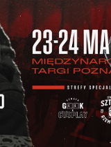 Plakat informacyjny o wydarzeniu. Napis: "23-24 marca Międzynarodowe Targi Poznańskie. Poznań Tattoo Konwent".