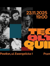 Na czarnym tle wiele kolorowych elementów. Między nimi czarnobiałe zdjęcia mężczyzn, którzy są członkami zespołu Teo Olter Quintet.