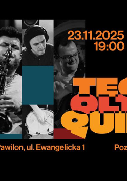 Na czarnym tle wiele kolorowych elementów. Między nimi czarnobiałe zdjęcia mężczyzn, którzy są członkami zespołu Teo Olter Quintet.