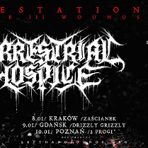 Czarne tło z białym ozdobnym napisem z nazwą zespołu.