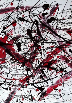 Abstrakcyjne czarno-czerwono-białe bohomazy na białym tle.