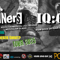 Plakat trasy "Jak wyglądał będzie świat? Tour 2025", zapowiadający koncert zespołów The Thinners, IQ:60 i GWN w Poznaniu 13.12.2025; tło stanowią zbliżenia ciężkich butów, a na dole widoczne są loga partnerów.