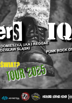 Plakat trasy "Jak wyglądał będzie świat? Tour 2025", zapowiadający koncert zespołów The Thinners, IQ:60 i GWN w Poznaniu 13.12.2025; tło stanowią zbliżenia ciężkich butów, a na dole widoczne są loga partnerów.