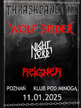 Informacje o koncercie kilku zespołów thrash metalowych, w tle czarno białe zdjęcie mrocznego domu w otoczeniu drzew.