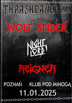 Informacje o koncercie kilku zespołów thrash metalowych, w tle czarno białe zdjęcie mrocznego domu w otoczeniu drzew.