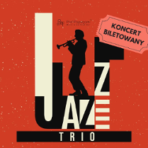 Zdjęcie przedstawia plakat reklamujący koncert jazzowy. Zawiera sylwetkę trębacza przed żółtym tłem z nakładającymi się okręgami różnych kolorów. Słowo "Jazz" napisane jest dużą, pogrubioną czcionką, a w prawym górnym rogu znajduje się bilet z napisem "Koncert biletowany".