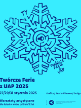 Rysunek płatka śniegu na niebieskim tle, informacje o warsztatach na Uniwersytecie Artystycznym w Poznaniu.