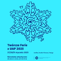 Rysunek płatka śniegu na niebieskim tle, informacje o warsztatach na Uniwersytecie Artystycznym w Poznaniu.