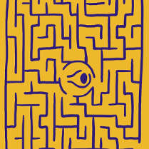 Plakat, na żółtym tle narysowany labirynt.