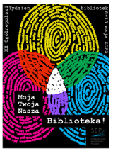 "Moja, Twoja, Nasza" 3 kolorowe odciski palca nachodzące na siebie na środku.