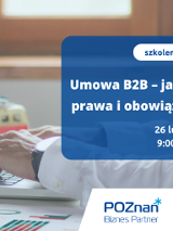 Grafika Promocyjna informująca o szkoleniu pt. Umowa B2B - jaki ma wpływ na prawa i obowiązki pracownika. jako tło jest obrazek mężczyzny króty sprawdza coś w komputerze.