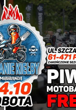 Informacje o grillu z Motobandą, w tle kolaż zdjęć z grillem i motocyklistami.