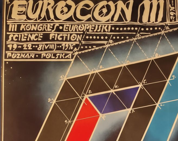 Utrzymany w mrocznych kolorach plakat konwentu science fiction.