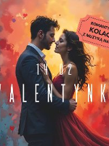 Plakat, który promuje kolacje walentynkową. Zakochana para stoi na tle zachodzacego słońca, napis: romantyczna kolacja z muzyką na żywo.