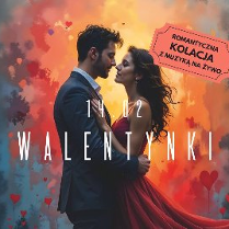 Plakat, który promuje kolacje walentynkową. Zakochana para stoi na tle zachodzacego słońca, napis: romantyczna kolacja z muzyką na żywo.