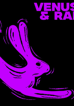 Fioletowy rysunek królika, informacje o koncercie zespołów Venus Eclipse i Rabbithole.