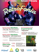 Plakat, który reklamuje VII Poznańskie Dni Sztuki i Zdrowia, na zdjęciu artyści podczas występu, pod spodem napisy, które informują o wydarzeniu.